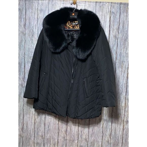 Steve Madden Solid Color Regular Black winter Coat with attached black real fox